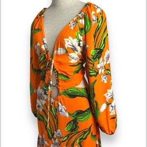 Zara Womens Maxi Dress size Medium Orange Floral Cut Out Tiered Hawaiian Sexy